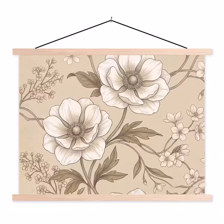 Bloemen - Patroon - Beige textielposter latten blank klein -3d