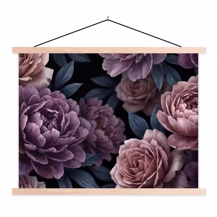 Bloemen - Patroon - Donker - Botanisch - Paars textielposter latten blank klein -3d