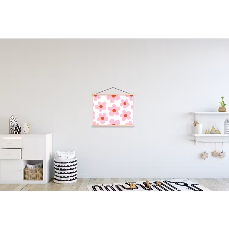 Bloemen - Patroon - Modern - Roze - Wit textielposter latten blank klein -kinderkamer
