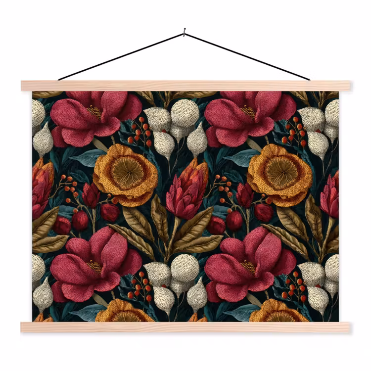 Bloemen - Patroon - Rood - Goud textielposter latten blank klein 122 -3d
