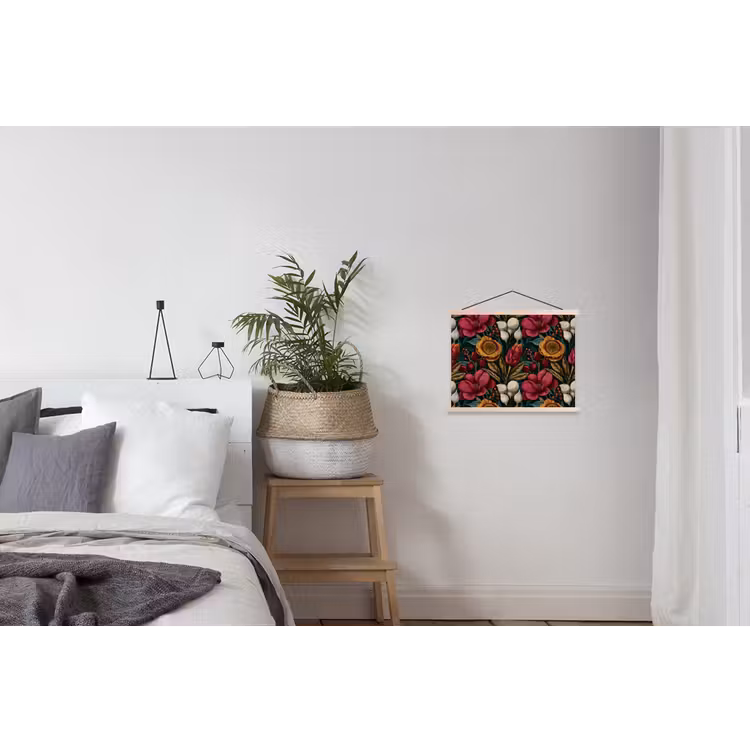 Bloemen - Patroon - Rood - Goud textielposter latten blank klein 122 -woonkamer