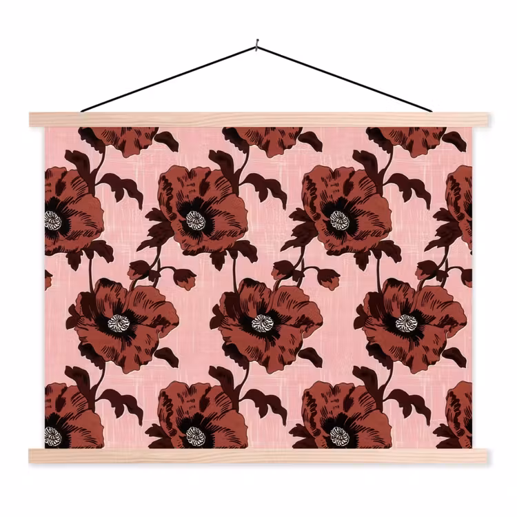 Bloemen - Retro - Rood textielposter latten blank klein 122 -3d