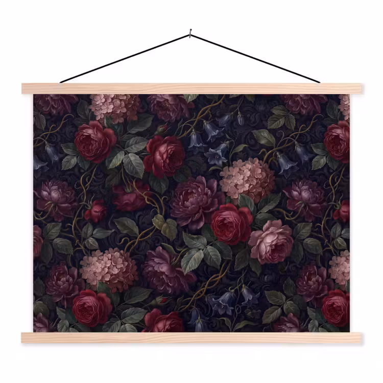 Bloemen - Rood - Klassiek - Donker - Patroon textielposter latten blank klein -3d