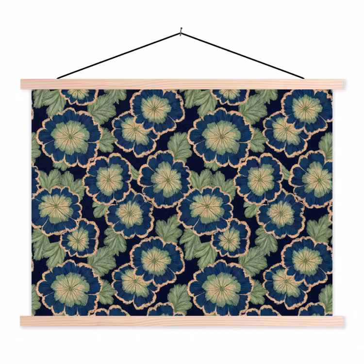 Bloemen - Borduurwerk - Patroon - Blauw - Groen textielposter latten blank klein 122 -3d