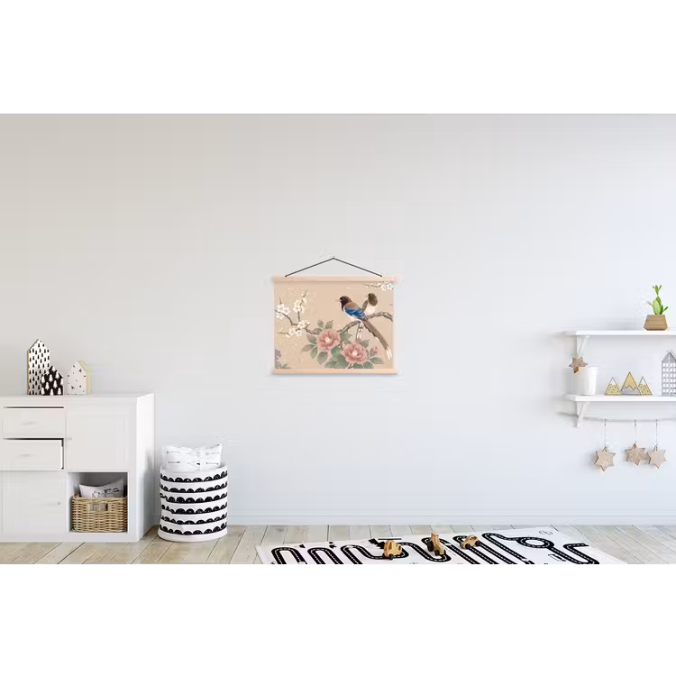 Bloemen - Vogels - Bloemen textielposter latten blank klein -kinderkamer