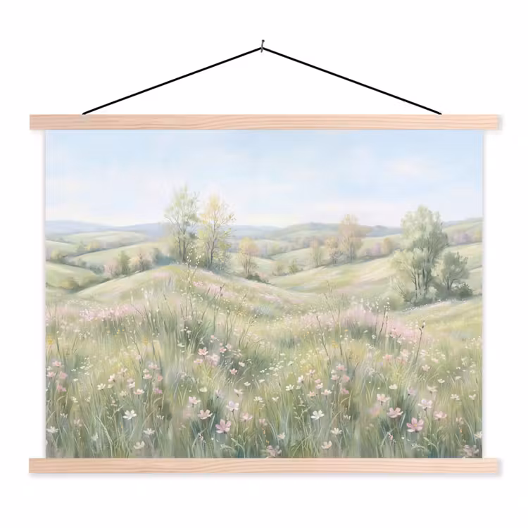 Bloemen veld - Bloemen - Groen textielposter latten blank klein -3d