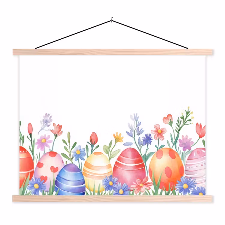 Bloementuin - Kleurrijk - Eieren textielposter latten blank klein -3d