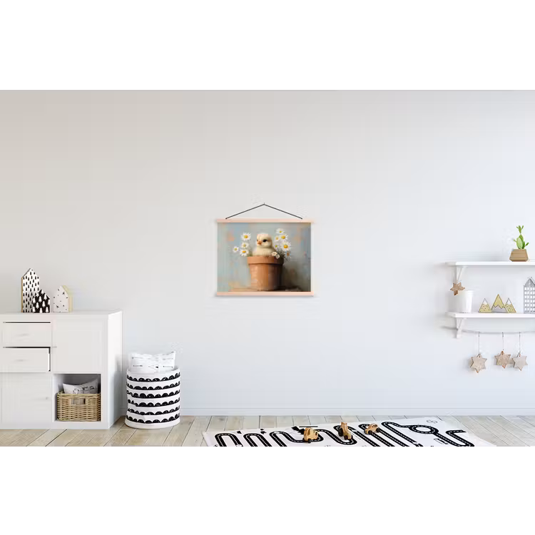 Bloempot - Kuiken - Bloemetjes textielposter latten blank klein -kinderkamer