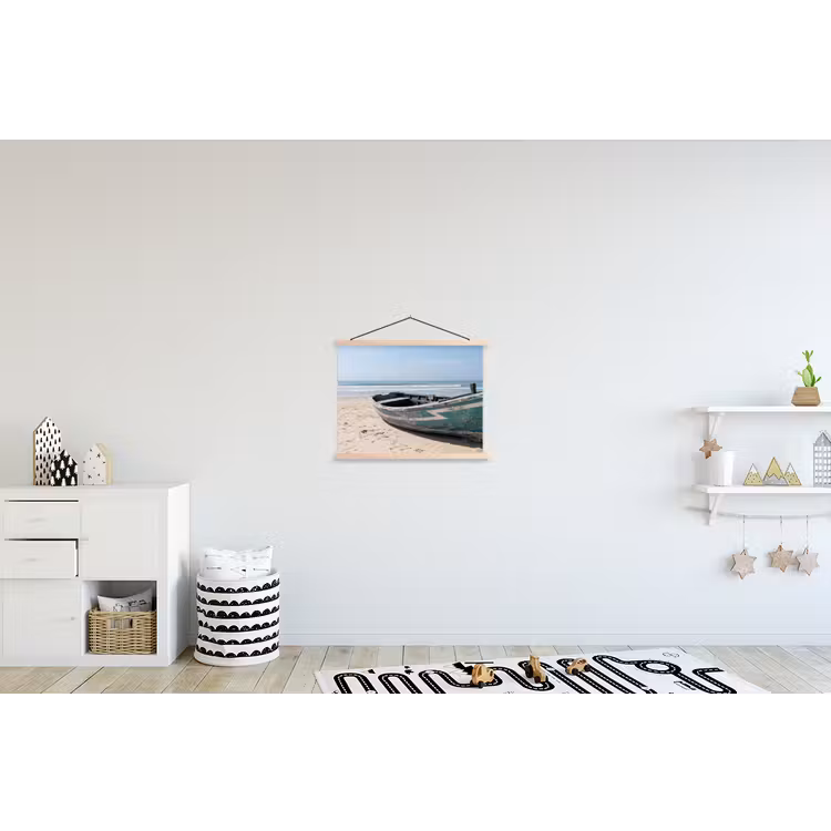 Boot - Zandstrand - Zee textielposter latten blank klein -kinderkamer