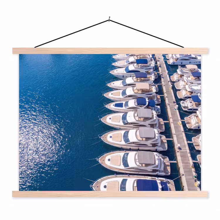 Boot - Jachthaven - Water - Zomer - Blauw textielposter latten blank klein -3d