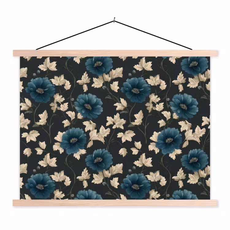 Botanisch - Bloemen - Blauw textielposter latten blank klein 122 -3d