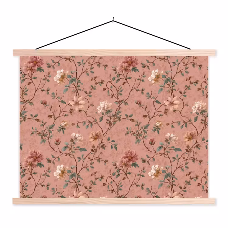 Botanisch - Bloemen - Roze textielposter latten blank klein 122 -3d