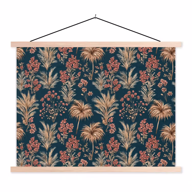 Botanisch - Patroon - Blauw textielposter latten blank klein 122 -3d