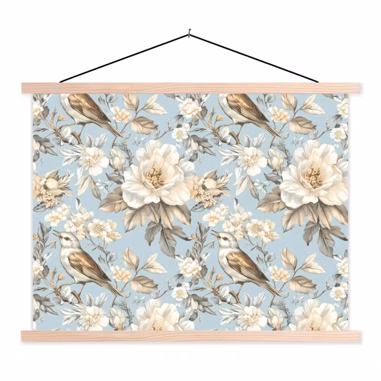 Botanisch - Zangvogel - Blauw textielposter latten blank klein 122 -3d