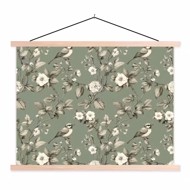 Botanisch - Vogels - Groen textielposter latten blank klein 122 -3d