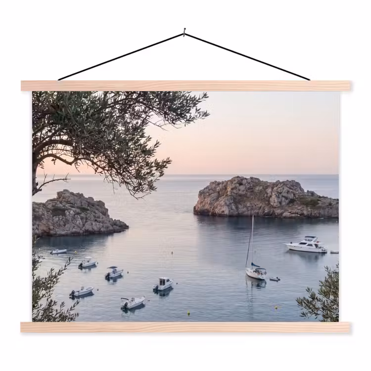 Stoffbild - Bucht – Boote – Sonnenuntergang - Baai - boten - zonsondergang textielposter latten blank klein