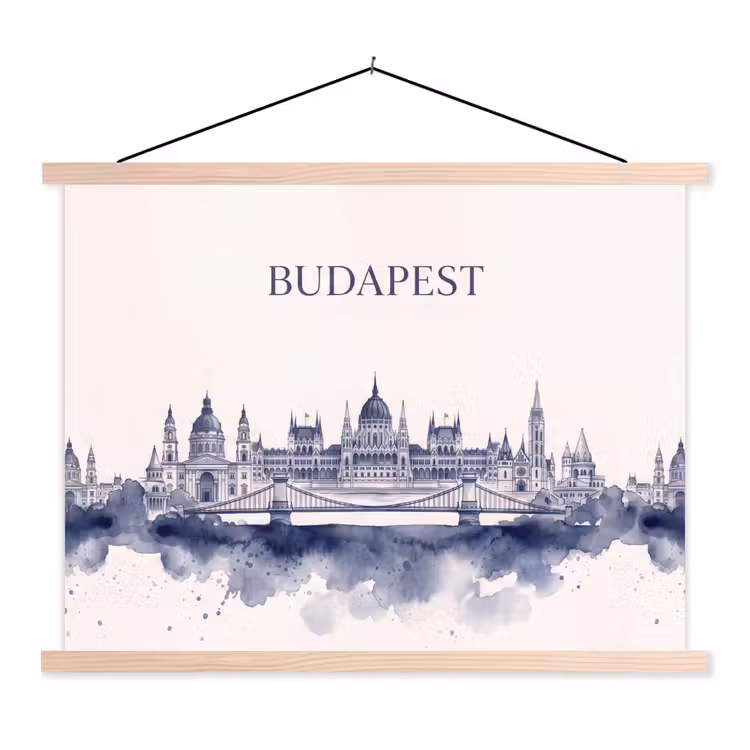 Boedapest - Skyline - Architectuur - Aquarel - Blauw textielposter latten blank klein -3d