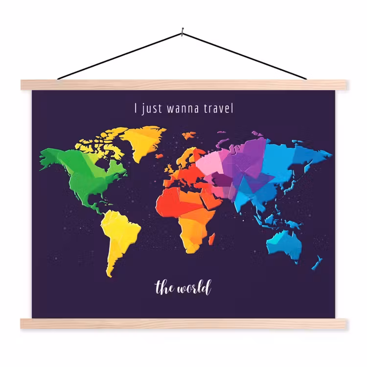 Kleurrijk - Wereldkaart - Travel - Quote textielposter latten blank klein -3d