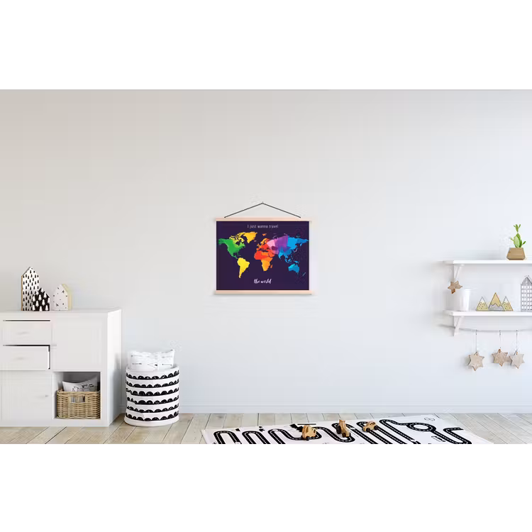 Kleurrijk - Wereldkaart - Travel - Quote textielposter latten blank klein -kinderkamer