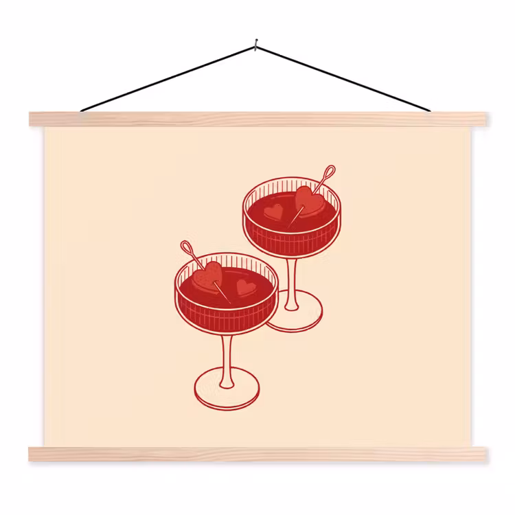 Cocktail - Hartjes - Liefde - Illustratie - Rood textielposter latten blank klein -3d