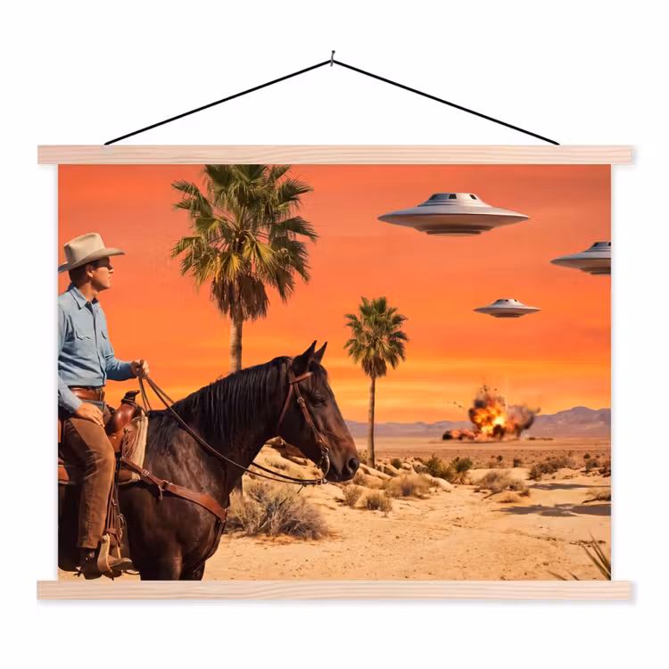 Stoffbild - Cowboy – Pferd – Wüste - Cowboy - Paard - Woestijn textielposter latten blank klein