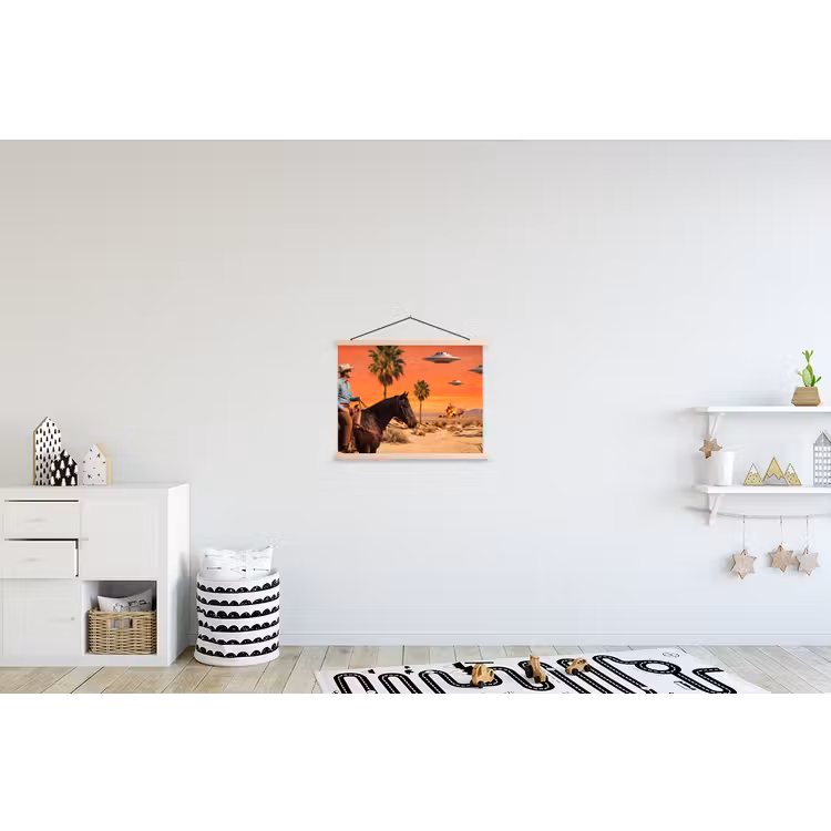 Stoffbild - Cowboy – Pferd – Wüste - Cowboy - Paard - Woestijn textielposter latten blank klein