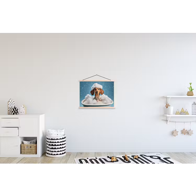 Teckel - Bad - Schuim - Waterdruppels textielposter latten blank klein -kinderkamer