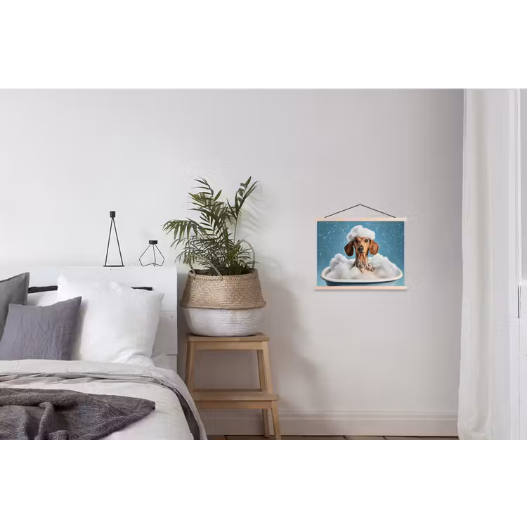 Teckel - Bad - Schuim - Waterdruppels textielposter latten blank klein -woonkamer