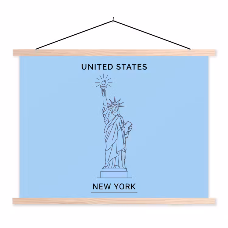 Monument - Vrijheidsbeeld - New York - Minimalistisch - Blauw textielposter latten blank klein -3d