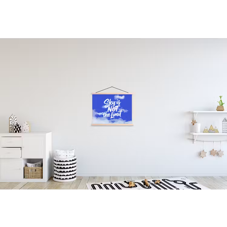 Sky is not the limit - Blauwe lucht - Wolken textielposter latten blank klein -kinderkamer