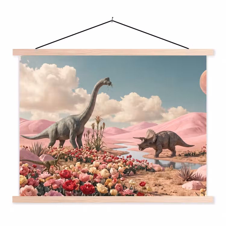 Stoffbild - Dinosaurier – Rosa – Landschaft - Dinosaurus - Roze - Landschap textielposter latten blank klein