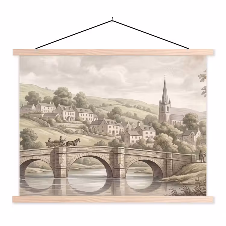 Dorp - Brug - Uitzicht - Groen textielposter latten blank klein -3d