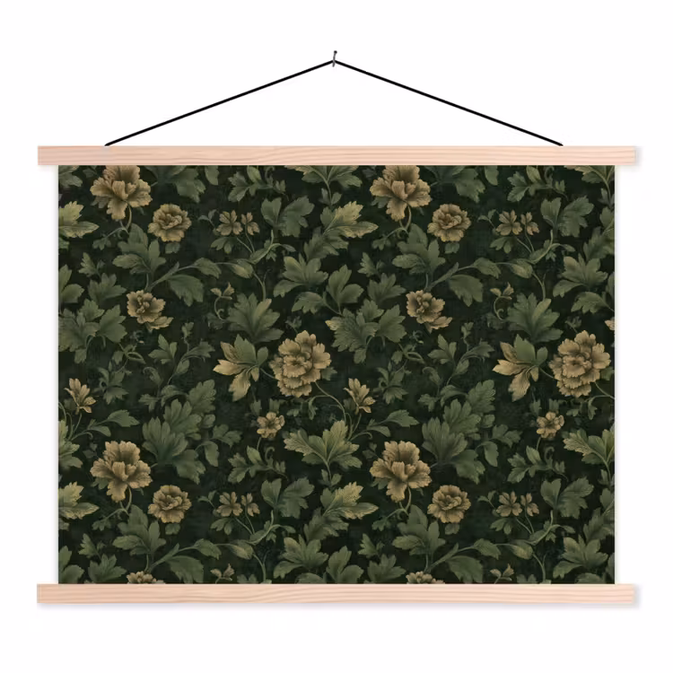 Donker - Groen - Goud - Botanisch textielposter latten blank klein 122 -3d