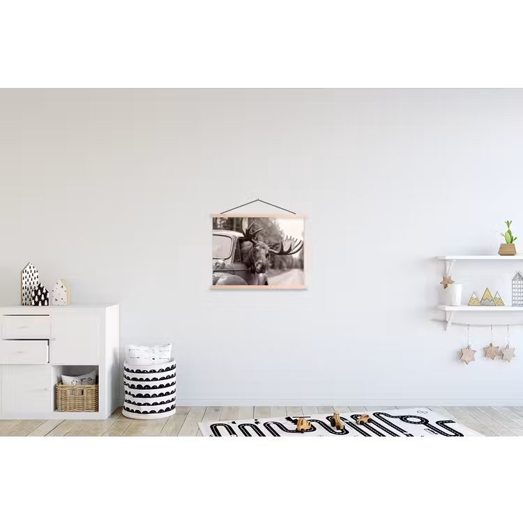 Eland - Auto - Gewei - Zwart - Wit textielposter latten blank klein -kinderkamer