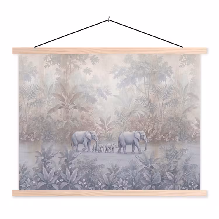 Olifant - Familie - Jungle - Illustratie - Grijs textielposter latten blank klein -3d
