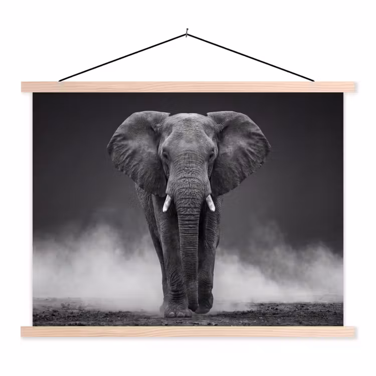 Olifant - Zwart - Wit - Rook textielposter latten blank klein -3d