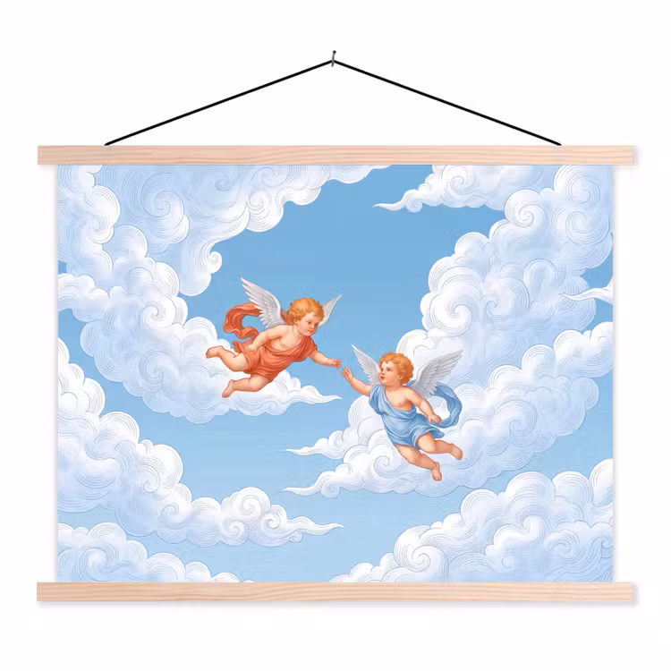 Engel - Vliegend - Klassiek - Blauw textielposter latten blank klein -3d