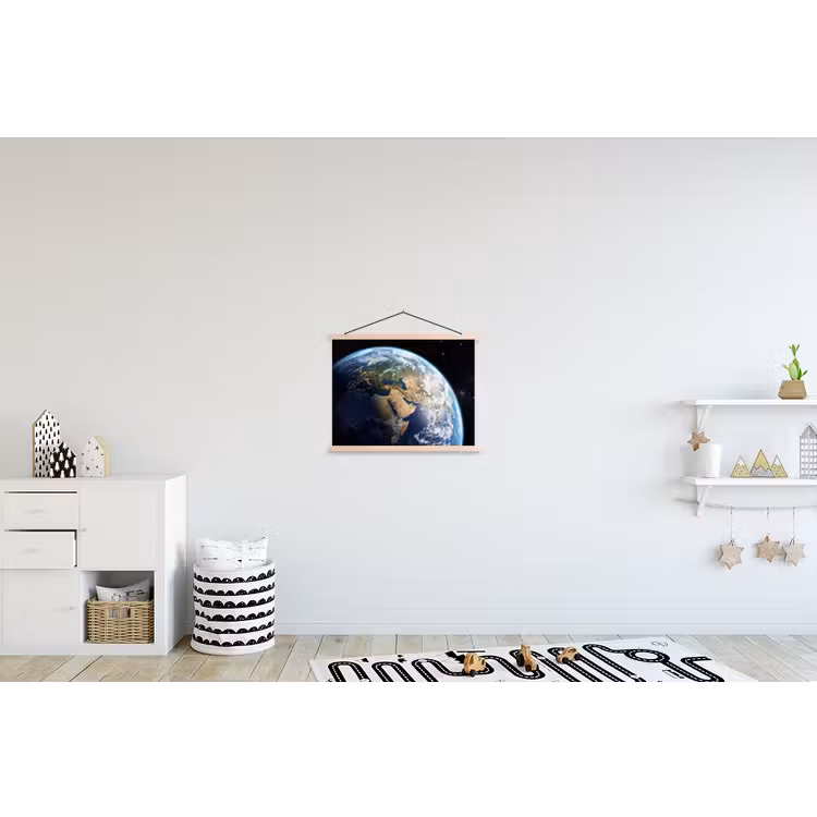 Aarde - Ruimte - Blauw - Groen textielposter latten blank klein -kinderkamer