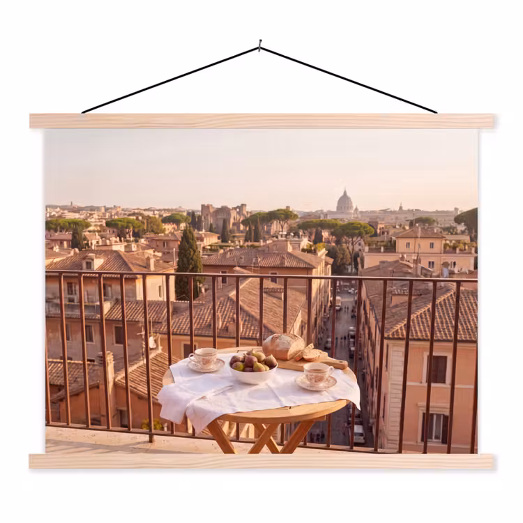 Eten - Ontbijt - Balkon - Stad - Zonsopgang textielposter latten blank klein -3d
