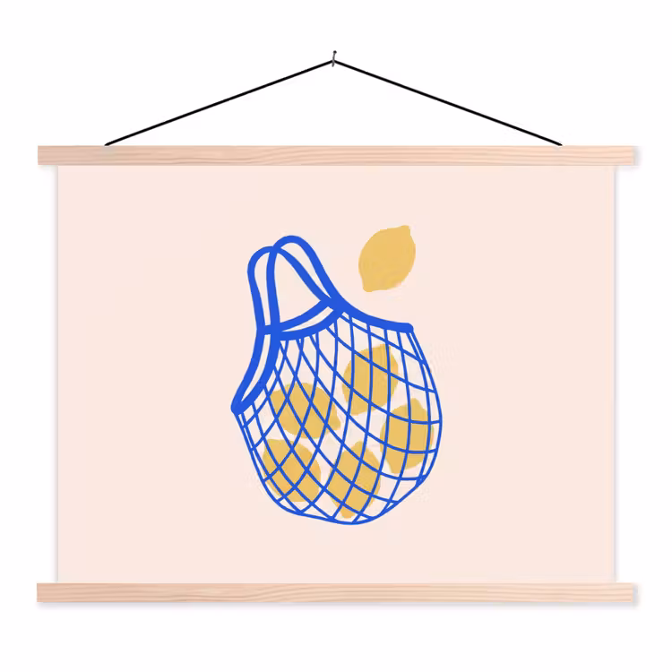 Eten - Citroen - Boodschappen - Abstract - Geel - Blauw textielposter latten blank klein -3d