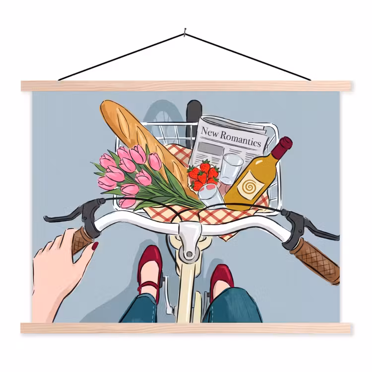 Fiets - Picknick - Zomer - Illustratie textielposter latten blank klein -3d