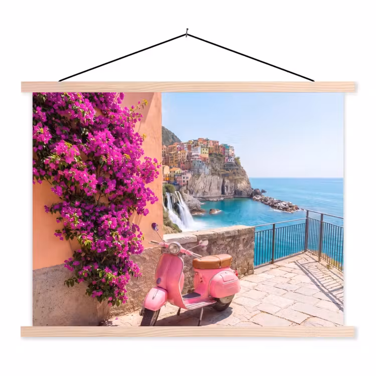 Voertuig - Roze - Kust - Zomer - Reizen textielposter latten blank klein -3d