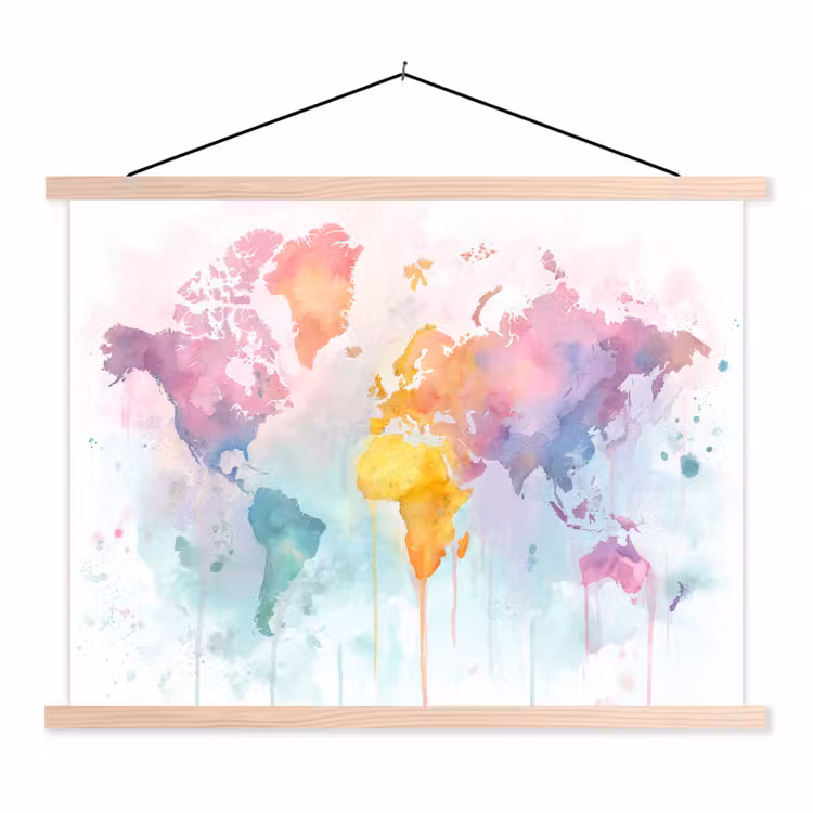 Verf - Pastelkleuren - Wereldkart textielposter latten blank klein -3d