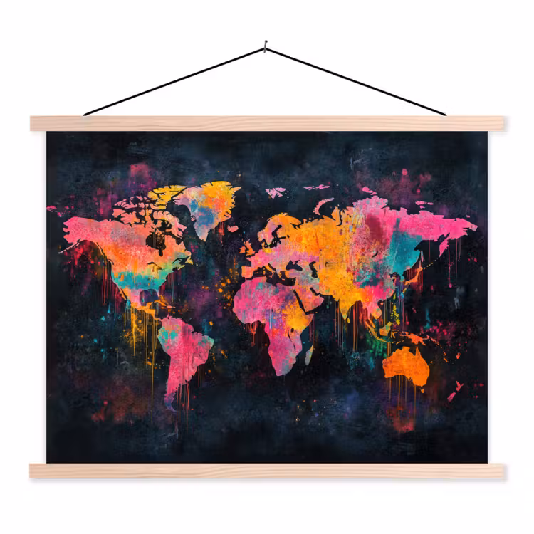 Verf - Wereldkaart - Kleur textielposter latten blank klein -3d