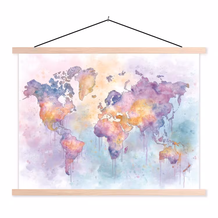 Verf - Wereldkaart - Druppels - Paars textielposter latten blank klein -3d