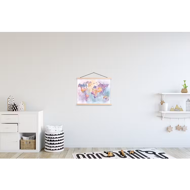 Verf - Wereldkaart - Druppels - Paars textielposter latten blank klein -kinderkamer