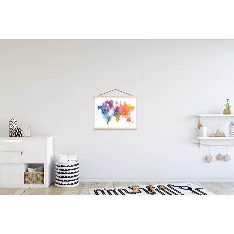 Verfvlekken - Druppels - Wereldkaart - Kleurrijk textielposter latten blank klein -kinderkamer
