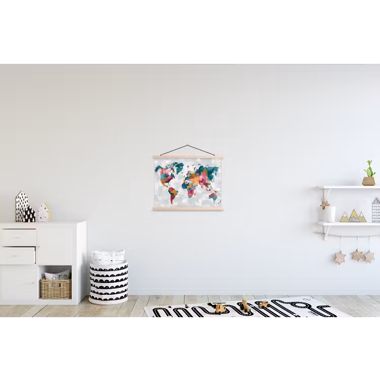 Kleurvakken - Wereldkaart - Texturen - Roze textielposter latten blank klein -kinderkamer