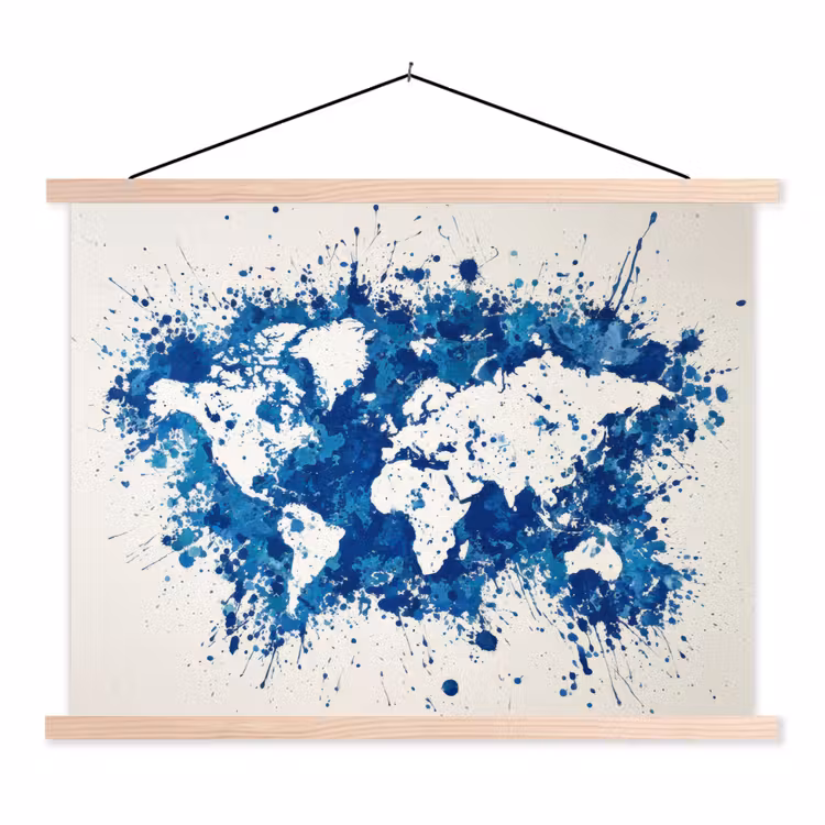 Verfspatten - Blauw - Wereldkaart textielposter latten blank klein -3d