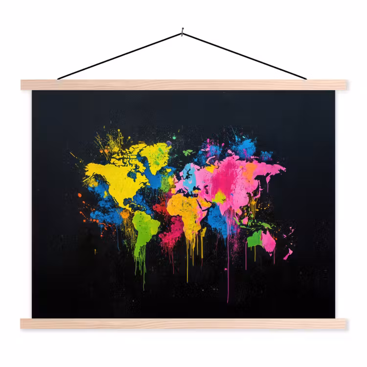 Verfspatten - Explosie - Kleurrijk - Wereldkaart textielposter latten blank klein -3d